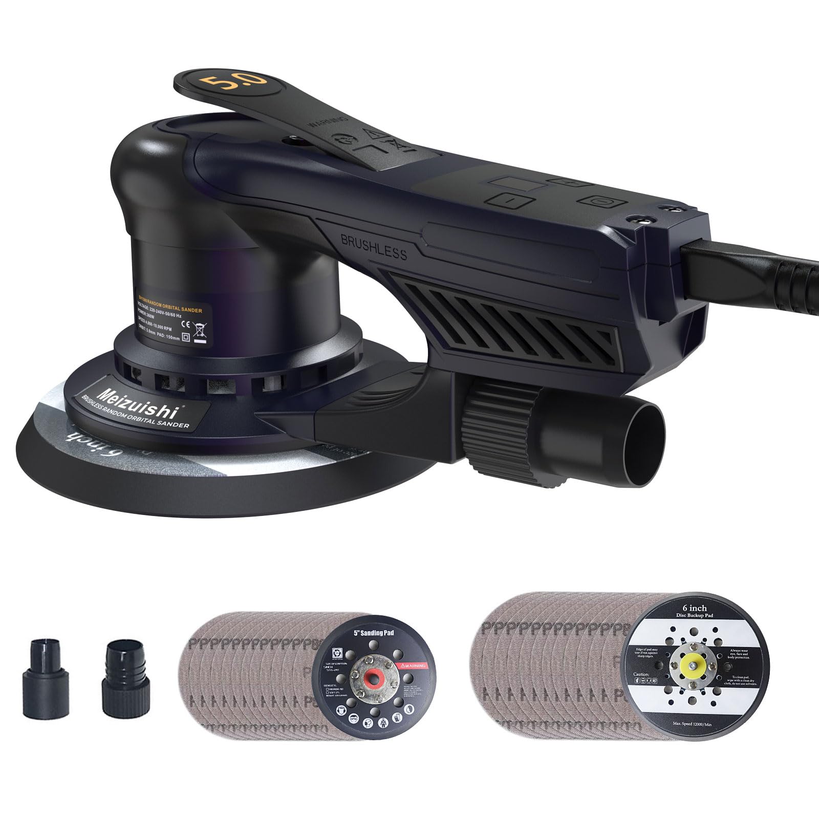 125/150 mm Bürstenloser Exzenterschleifer 360W mit 5 mm Hub | 7 Geschwindigkeiten 4K–10K U/min, 4m Kabel, staubabsaugend, vibrationsarm. Je 10 Schleifpapiere für Holz, Metall, Karosserie