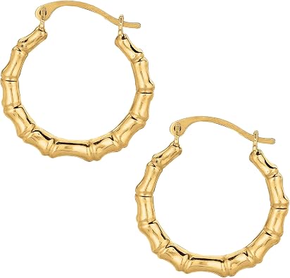 10k Yellow Gold Shiny Bamboo Round Hoop Earrings, Diameter 18mm