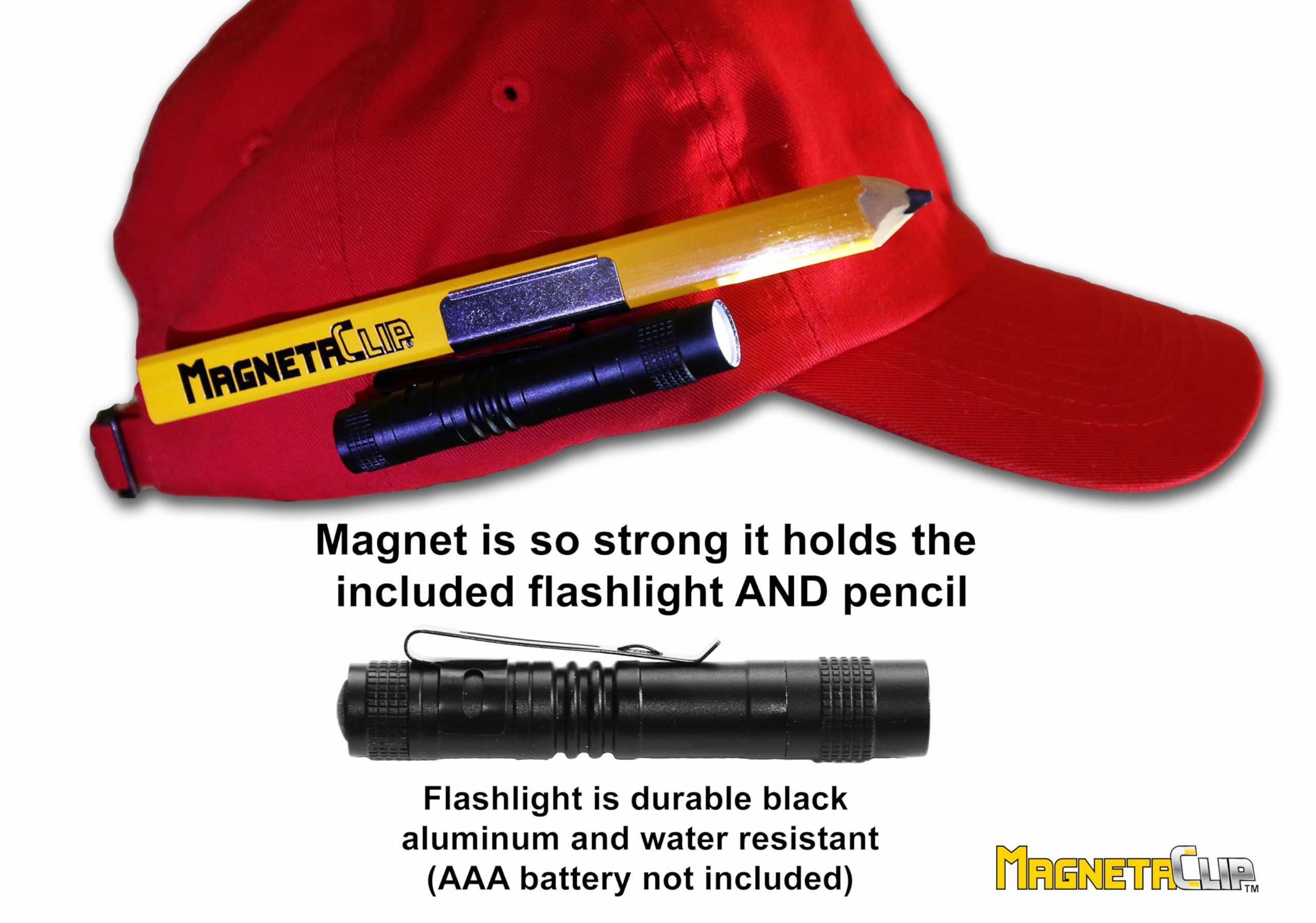 MAGNETACLIP SYSTEM - STRONG MAGNETIC Pencil, and Flashlight Holder for baseball cap, winter hat, helmet, belts and more! Handy wristband included!