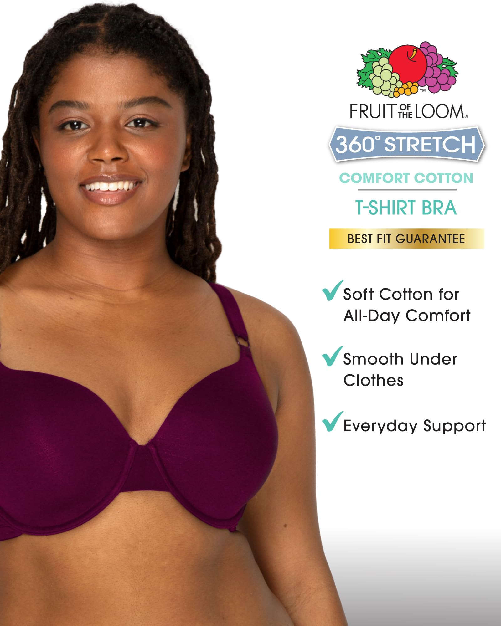 Fruit of The Loom Women's Smooth Cotton T-Shirt Bra - Ultra-Soft, Flexible, and Invisible Under Tees: 38DDD Lilac Whisper/Purple Velvet/Black