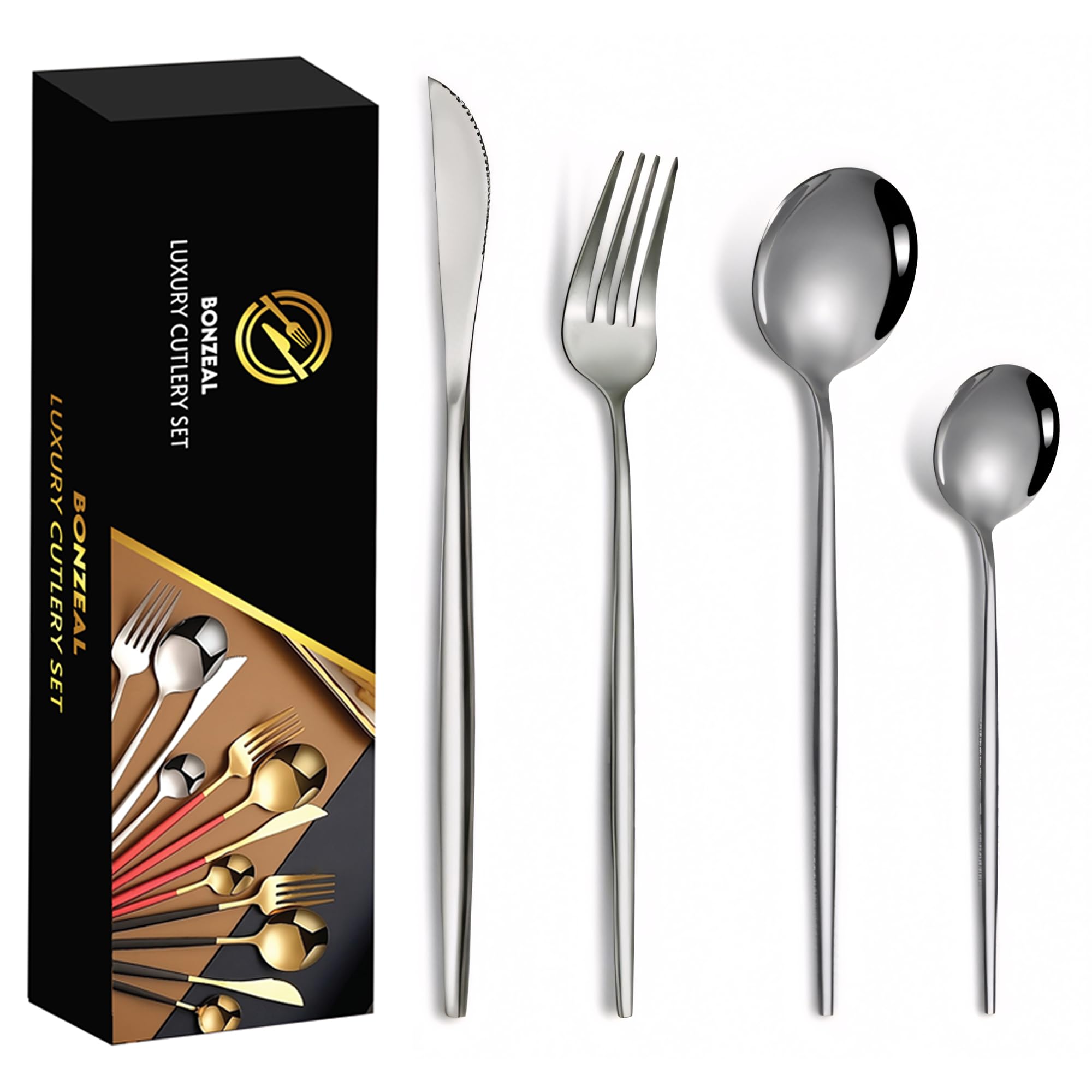 BonZeaL Gold Flatware Set - Luxury Stainless Steel for 12 -15
