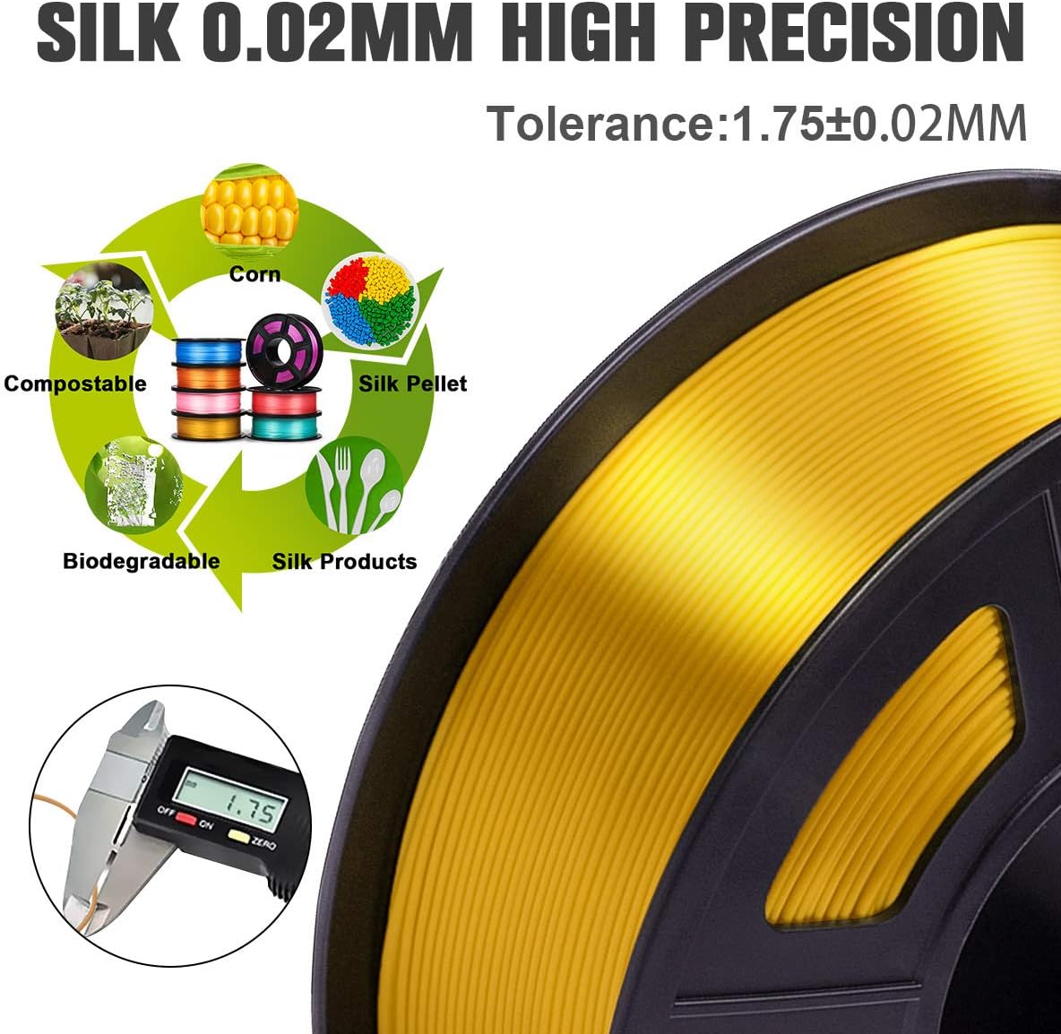 SUNLU Silk PLA Filament 1.75mm, Neatly Wound Shiny PLA 3D Printer Filament, Dimensional Accuracy +/- 0.02mm, Fit Most 3D Printers, Good Vacuum Packaging, 1kg Spool(2.2lbs), 330 Meters, Silky Gold - Image 5