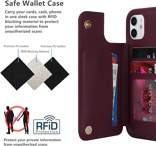 Miniatura 4 de iCoverCase Funda protectora de piel sintética compatible con iPhone 11 con tarjetero y cartera para mujeres y hombres, con bloqueo RFID (color rojo