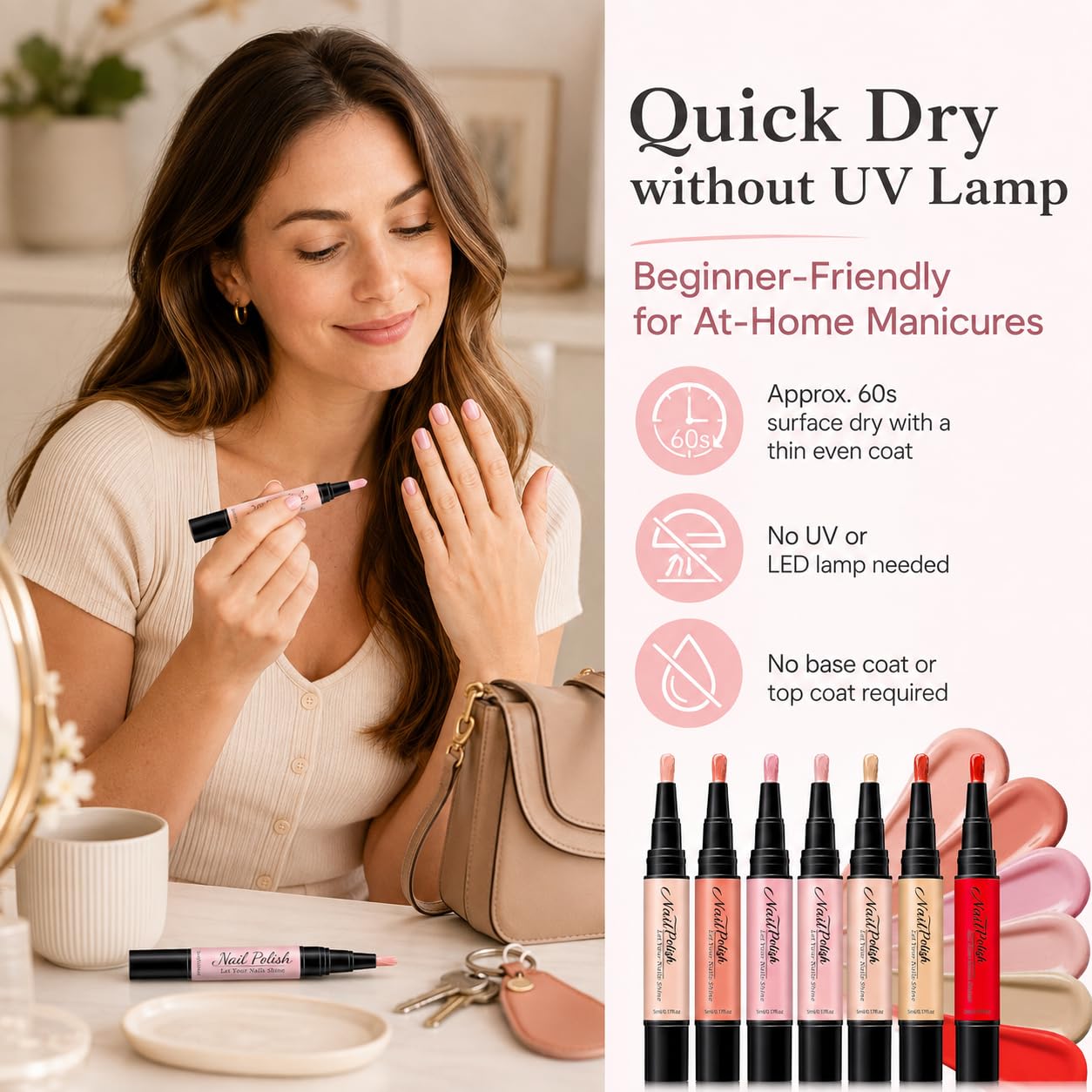 Nude Pink Nail Polish Pens 6 Colors, Quick Dry Water Based Nail Polish Set