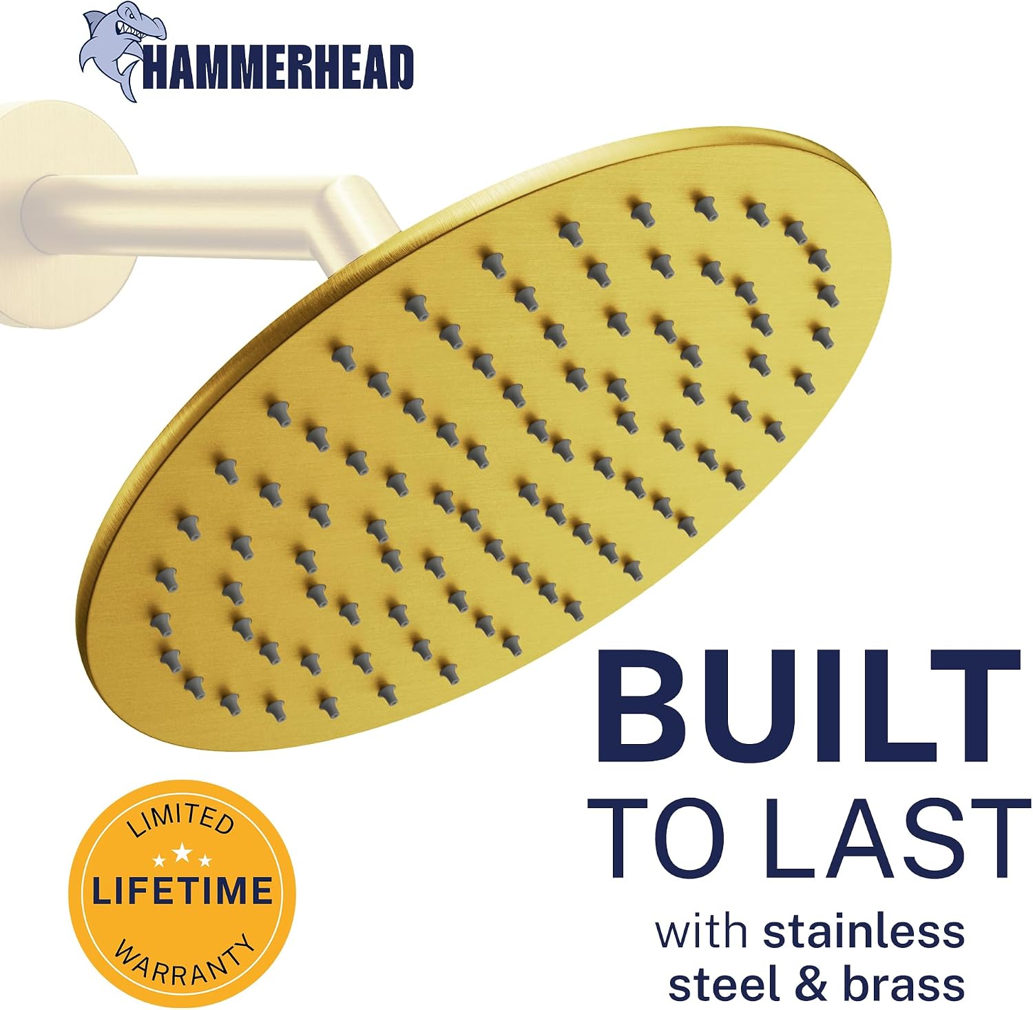 HammerHead Showers Solid Metal Round 8 Inch Rainfall Shower Head, High Flow Shower Head Optimized for Pressure, Brushed Gold, 2.5 GPM