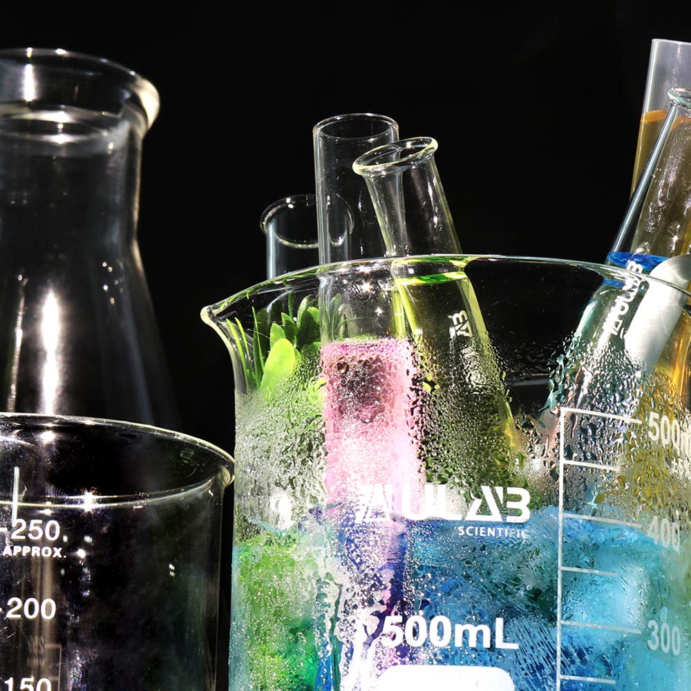 ULAB Scientific Becherglas Set mit Magnetrührstab Angeboten, 5 Größen 50 ml 100 ml 250 ml 500 ml 1000 ml, 3,3 Boro Griffin Niedrige Form mit Aufgedruckter Graduierung, UBG1002