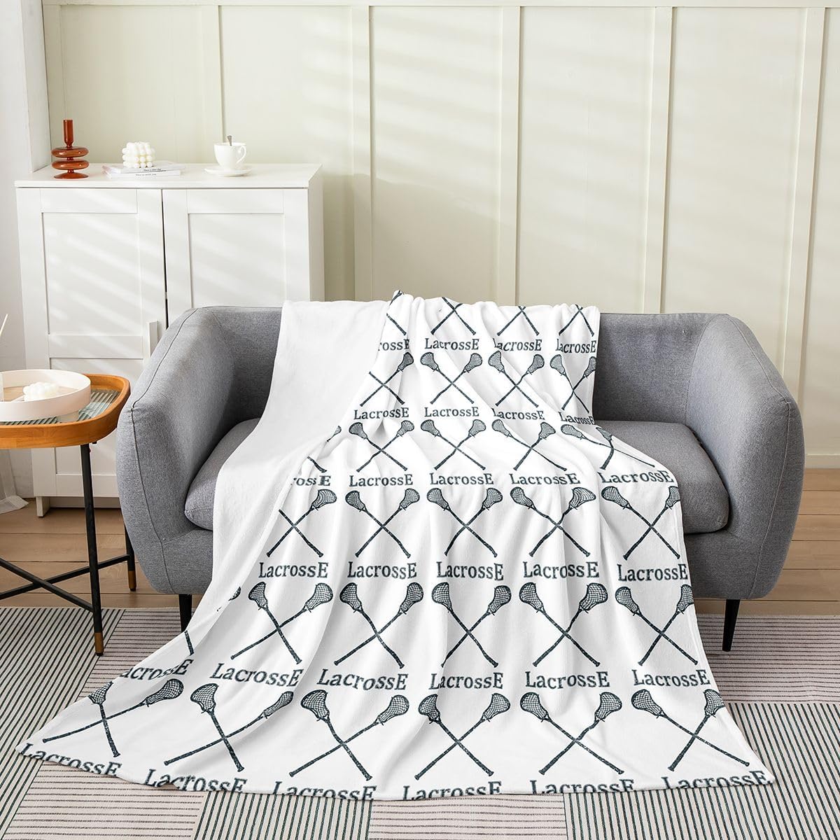 Erosebridal Lacrosse Blanket for Teens Youth,Black White Lacrosse Stick Throw Blanket,Vintage Lacrosse Fleece Blanket Warm,Sports Ball Game Plush Bed Blanket Living Room Decor,Queen 90x90