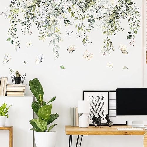 Calcomanías de pared de hojas verdes, calcomanías de pared de hojas de palmera con pájaros y flores, decoración de pared de estilo nórdico, papel de