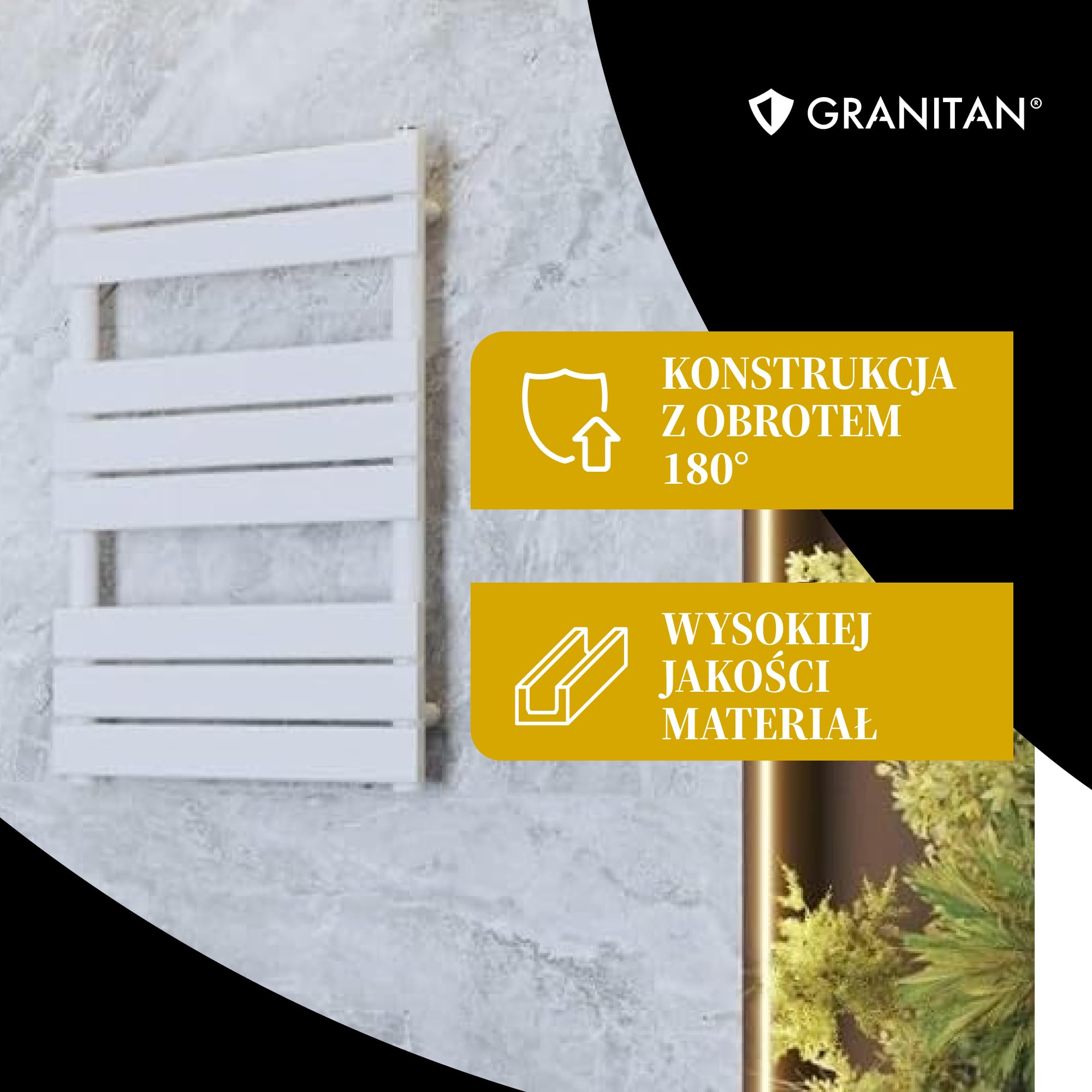 Granitan Grzejnik Łazienkowy OSLO 80x45 cm, Czarny, 407W | Grzejnik Łazienkowy Wodny, Ścienny grzejnik, drabinka do suszenia ręczników, podłączenie do centralnego ogrzewania