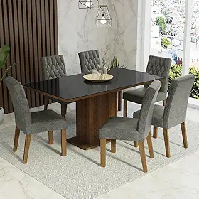 Conjunto Sala de Jantar Mesa Tampo de Vidro 6 Cadeiras Rustic/preto/silver Geórgia Madesa