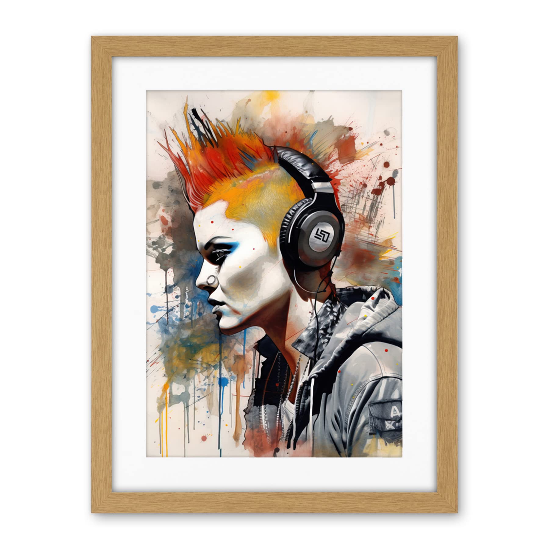 Artery8 Edgy Young Punk Woman with Red Mohawk and Headphones Listening to Music Modern Watercolour Painting Artwork Framed Wall Art Print 18X24 Inch