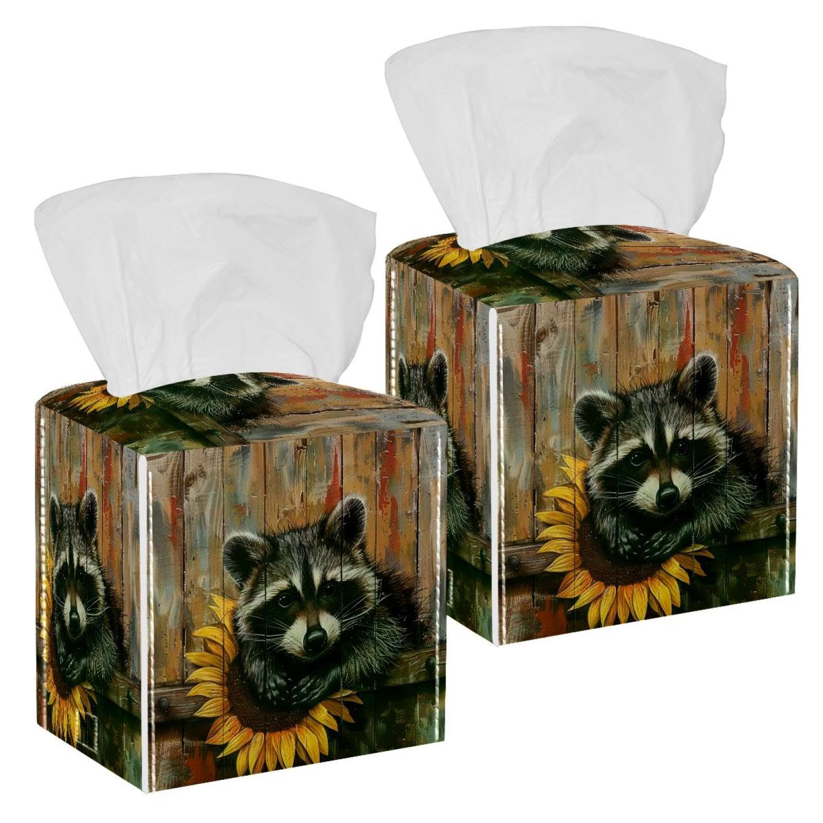 Sunflower Raccoon Tissue Box Cover, 2 Pack PU Leather Square Facial Tissue Dispenser Box holder for Home Office Car