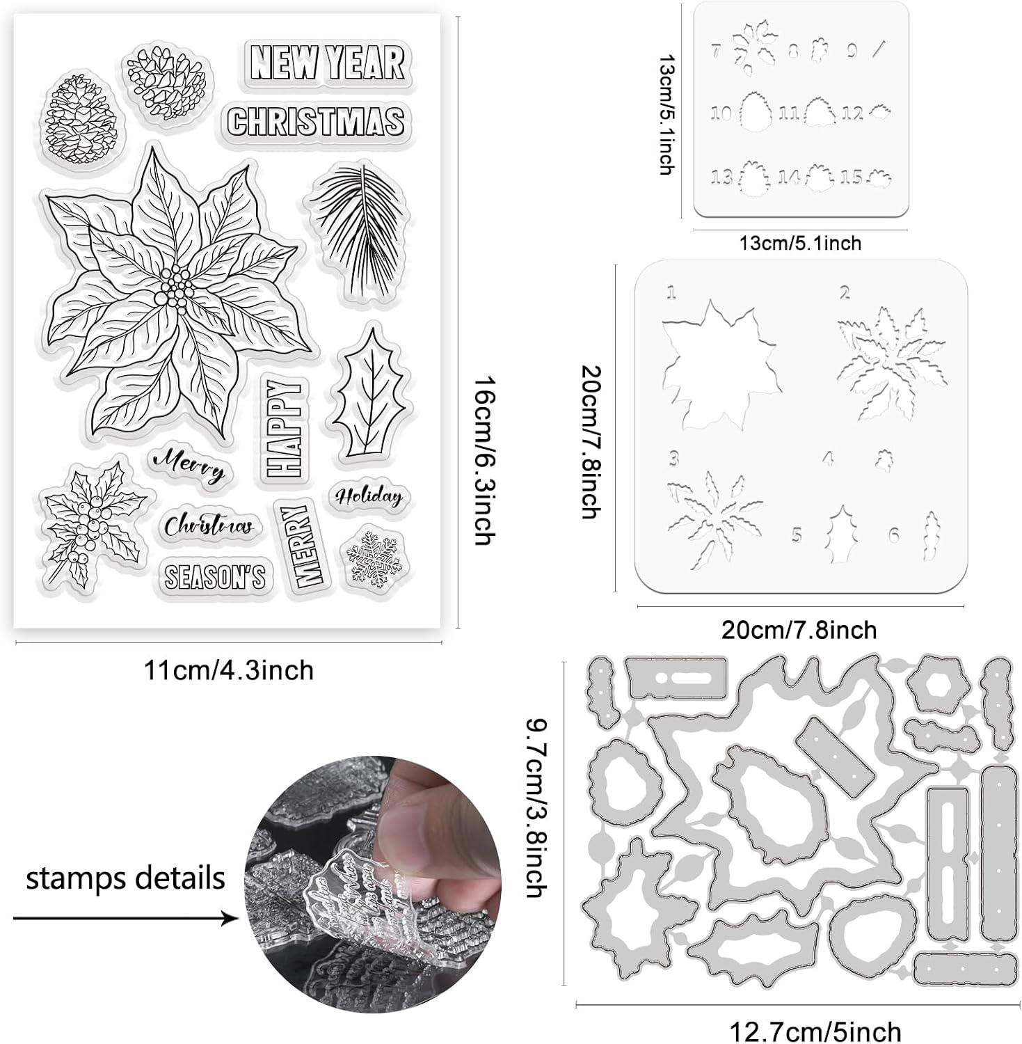 ORIGACH Xmas Festive Poinsettia Clear Stamps Cutting Dies and Stencils Set image 2