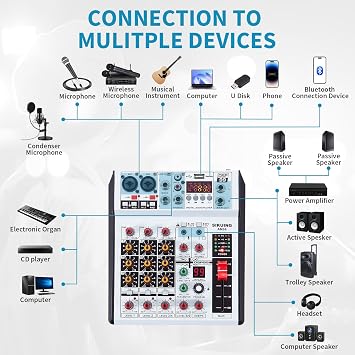 6 Channel Audio Mixer Professional Sound Board Console w/99 DSP Effects 48V Phantom Power Bluetooth USB Interface Stereo DJ Mixer Board for Karaoke Live Performance DJ Stage