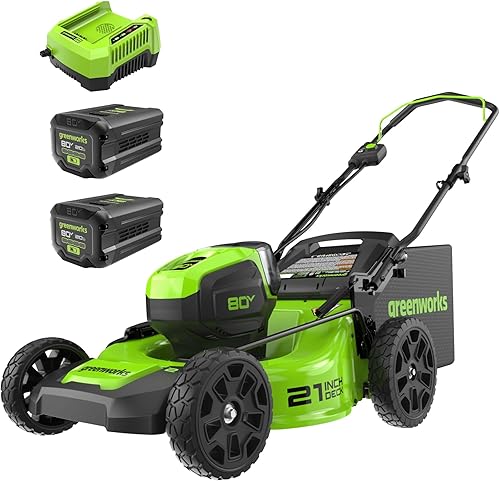 Greenworks Pro - Cortacésped inalámbrico manual de 80 voltios y 21 pulgadas, incluye dos baterías de 2 Ah y cargador, GLM801601