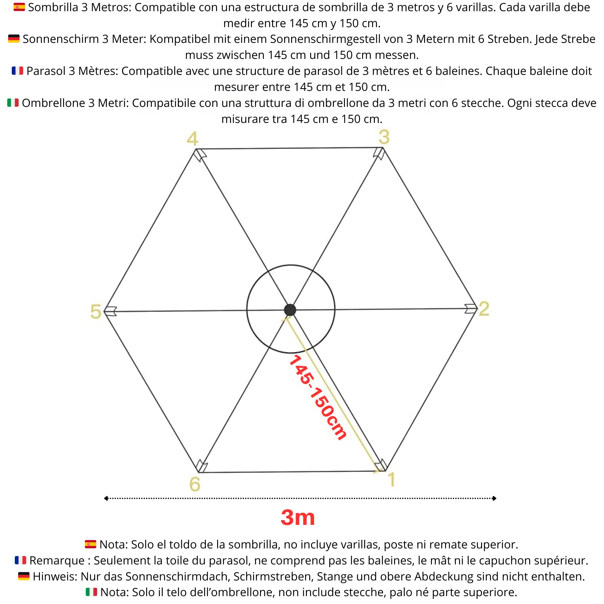 Sonnenschirm Ersatzbezug 3M 6 Streben Bespannung. Robustes Und Dickes Tuch Für Garten-Sonnenschirme, Ersatzbezug Für 3M Sonnenschirm Mit 6 Streben