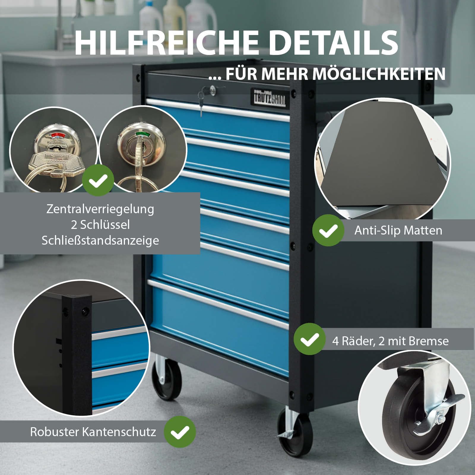 TRUTZHOLM Werkstattwagen TRUTZI mit 6 kugelgelagerten Schubladen, abschließbar, mit Anti-Slip-Einlagen, Eckschutzleisten, 4 Rollen (2 Lenkrollen mit Bremse), Traglast 105 kg, Stahl, blau