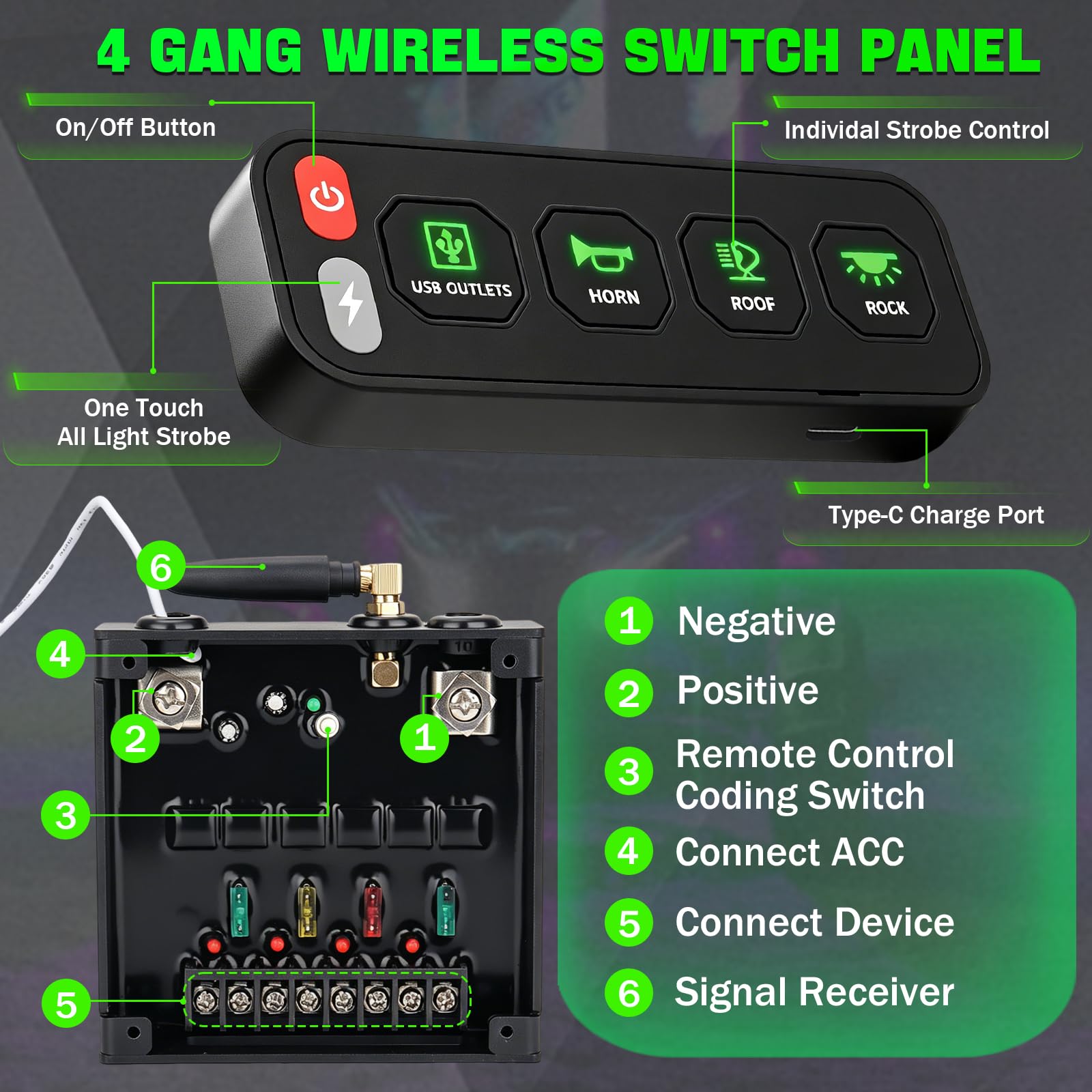 Chelhead Panel de conmutación inalámbrico de 4 marchas, panel de interruptor de una fila para vehículos con función estroboscópica de conmutación 12 V – 24 V, sistema de control de relé universal