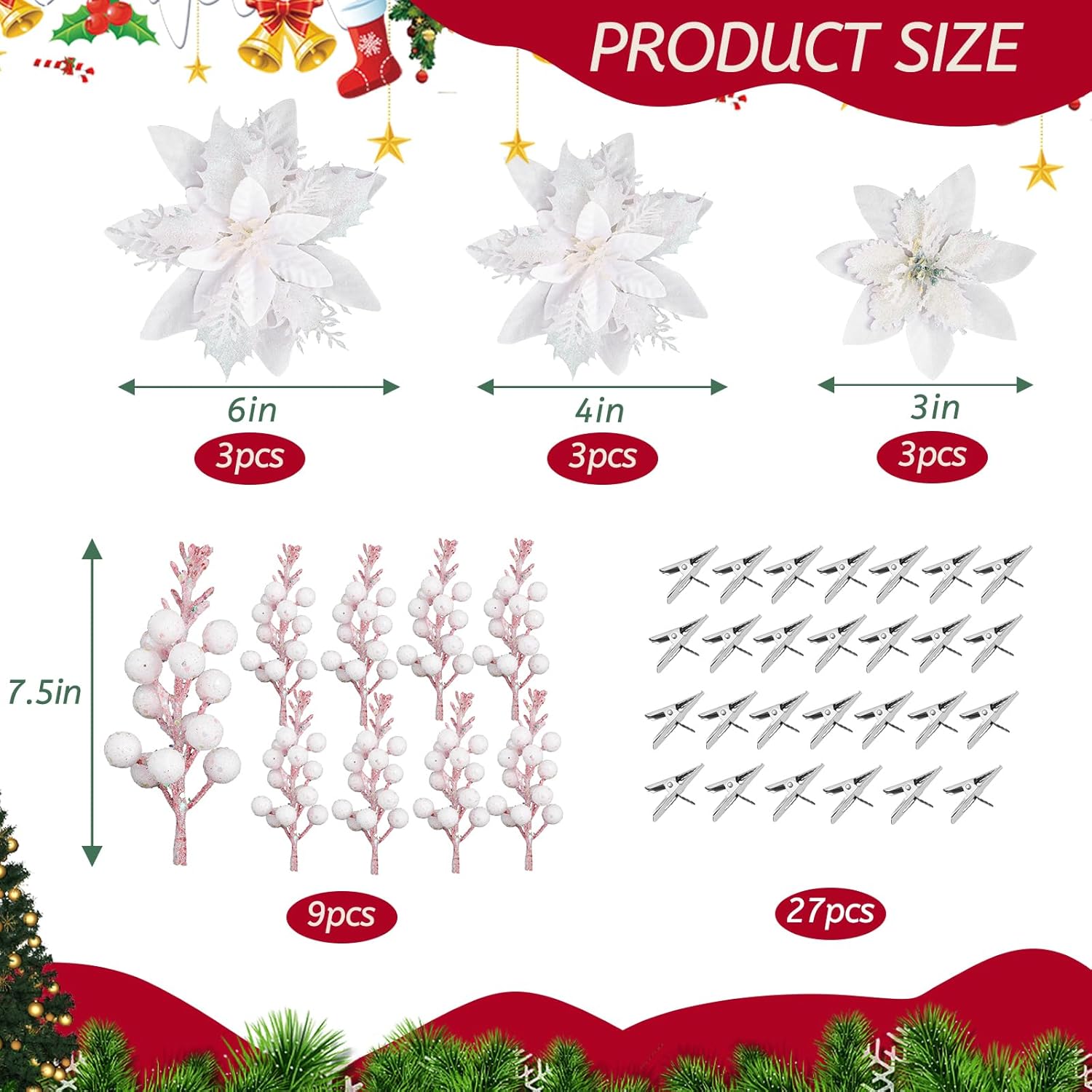 Zeyune 60 Pcs Christmas Flowers Glitter Poinsettia Flower, 3, 4, 6 Inch Artificial Flowers for Decoration with Clips for Christmas Tree Holiday Outdoor Seasonal Party Wedding Decoration(White)