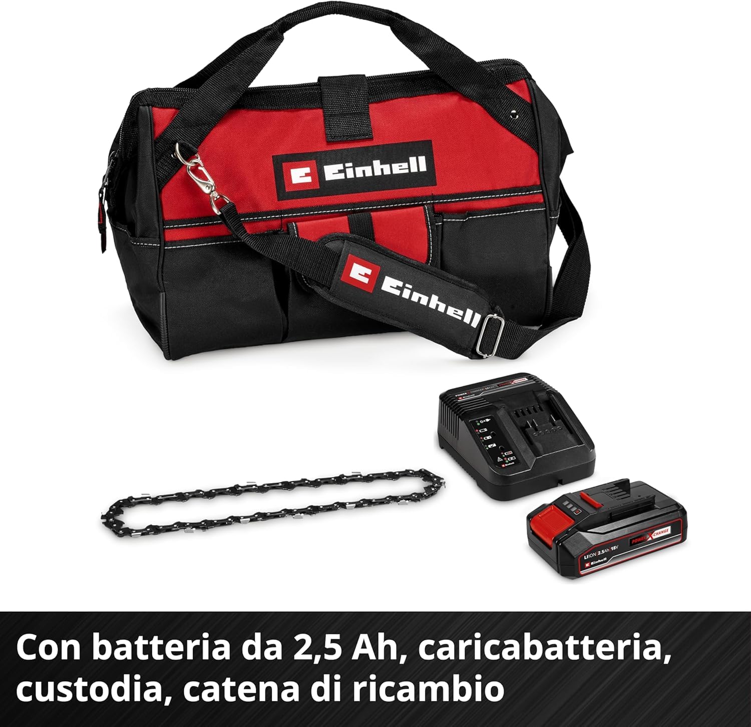 Einhell Motosega a batteria GE-PS 18/15 Li Bag Kit Power X-Change (18 V, Brushless, lunghezza di taglio 12,5 cm, con batteria 2,5 Ah, caricabatteria, catena di ricambio, Einhell Bag 45/29)