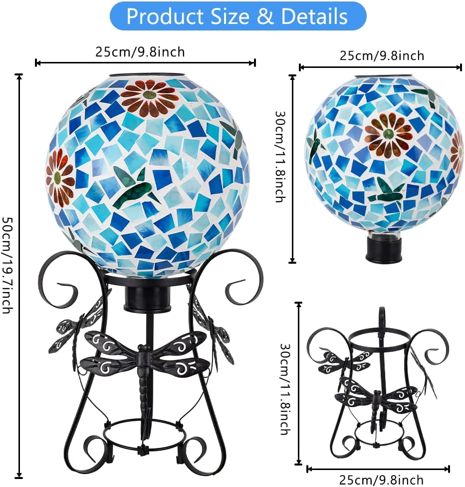 Stargarden Solar Gazing Ball, 10" Mosaic Gazing Ball,Glass Gazing Globe with Metal Stand, Decorative Solar Globes for Patio, Lawn, Garden Decor