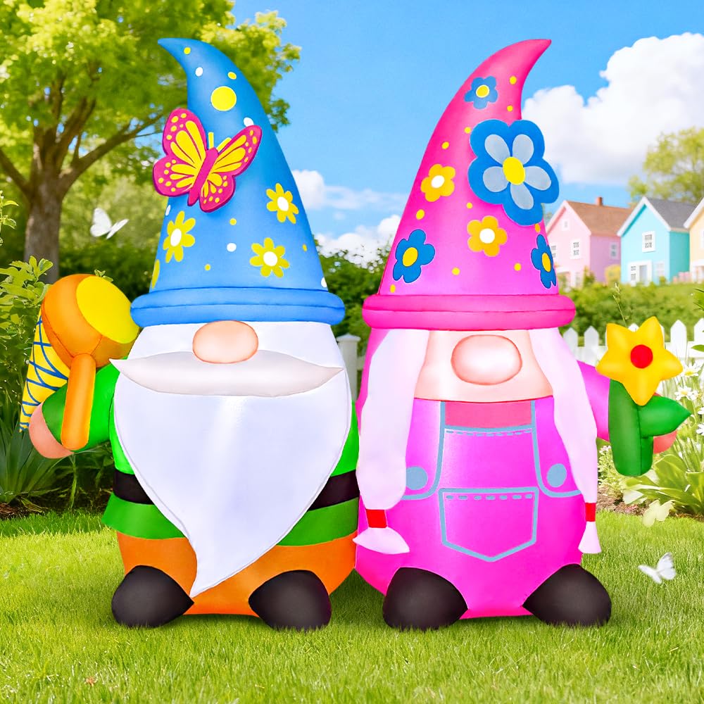 KOOY 4FT Spring Inflatable Gnomes Outdoor Decoration, Blow Up Gnomes Garden Yard Decor with Flowers, Built-in LED Lights for Spring Summer Easter Yard Garden Lawn Party