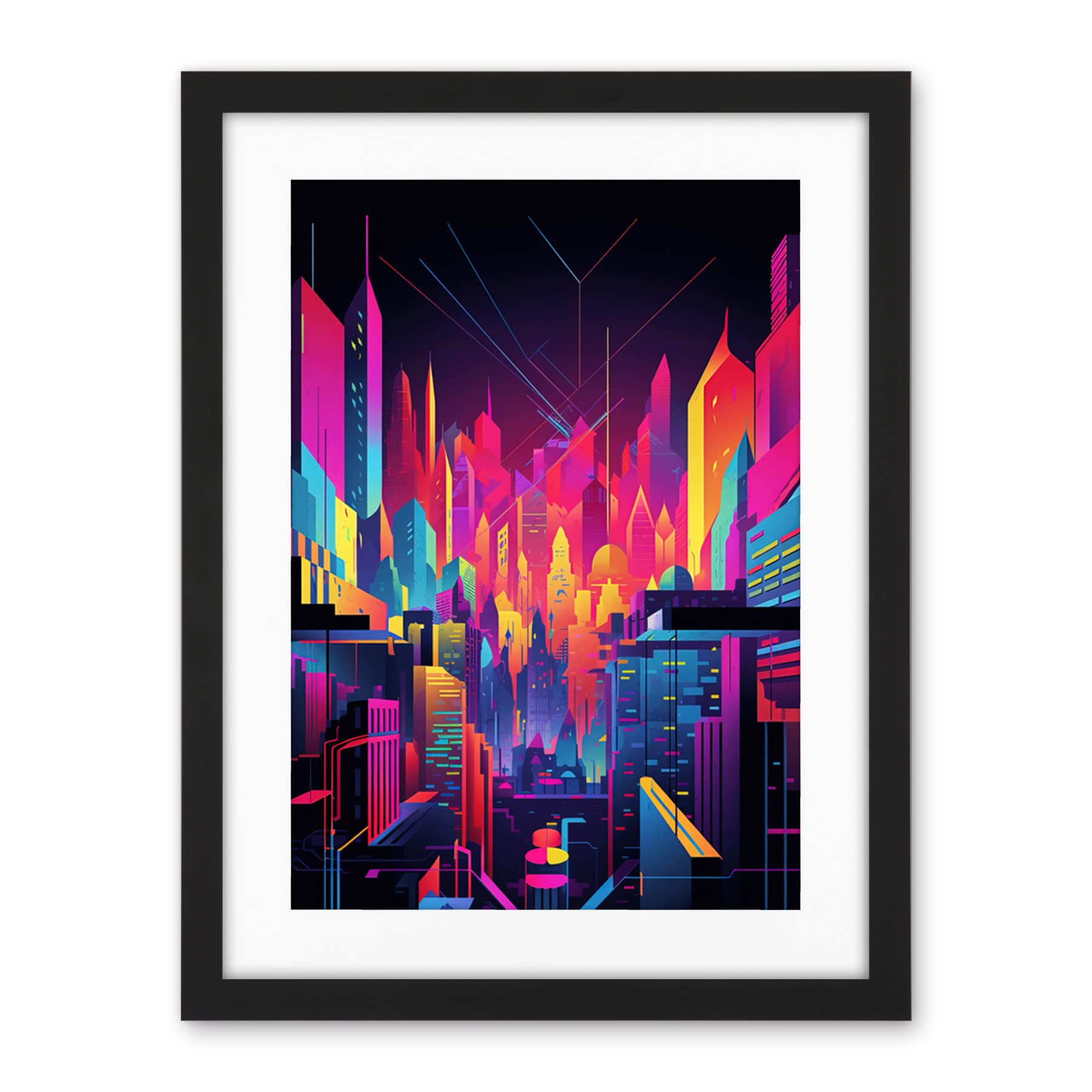 Artery8 Neon Light Colour Abstract Metropolis Cityscape at Night Modern Artwork Artwork Framed Wall Art Print 18X24 Inch