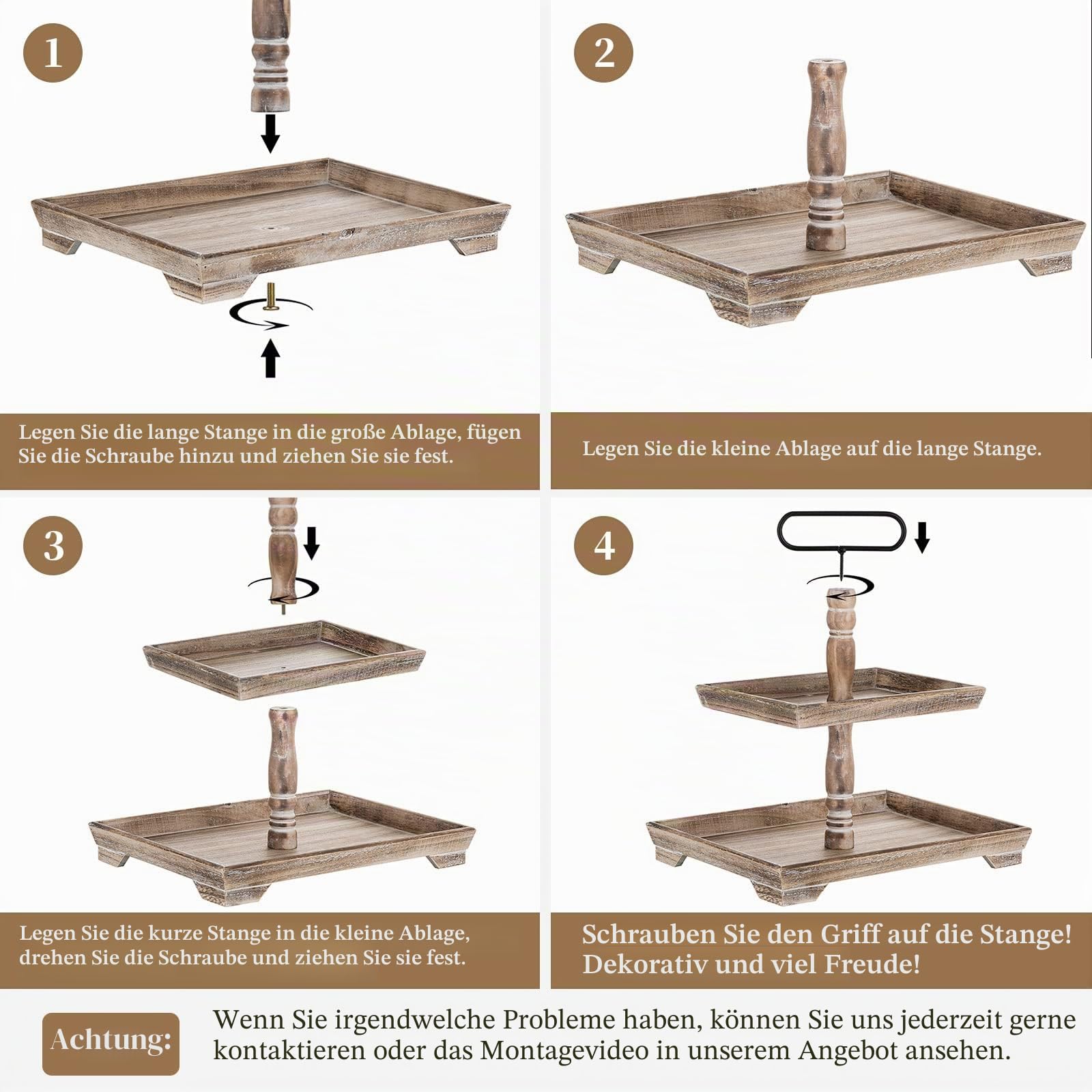 Hanobe Deko Tablett Etagere Holz: Braun Holztablett Groß Rechteckig mit 2 Ebenen Bauernhaus Dekotablett Vintage Shabby serviertabletts für Home Kaffeeecke Duschraum