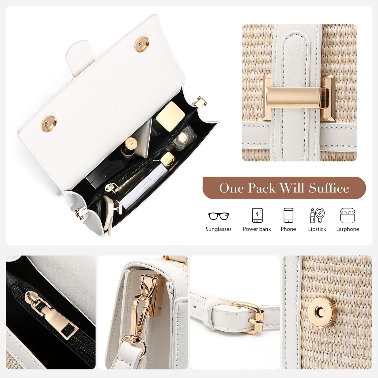 Straw Crossbody Bag, Vegan Leather Patchwork Summer Purse with Top Handle, Small Woven Bag for Beach & Wedding