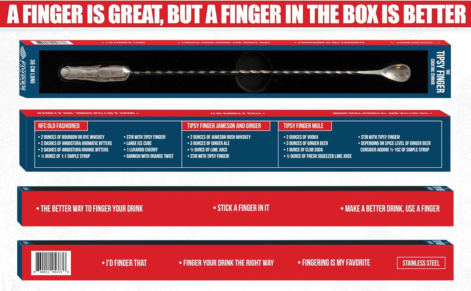 Finger Cocktail Stirrer, Tipsy Finger, 36 cm, Stainless Steel Life-Size Finger Spoon, Funny Bar Spoon, Novelty Cocktail Stirrer, Gag Gift, Quirky Bar Tool