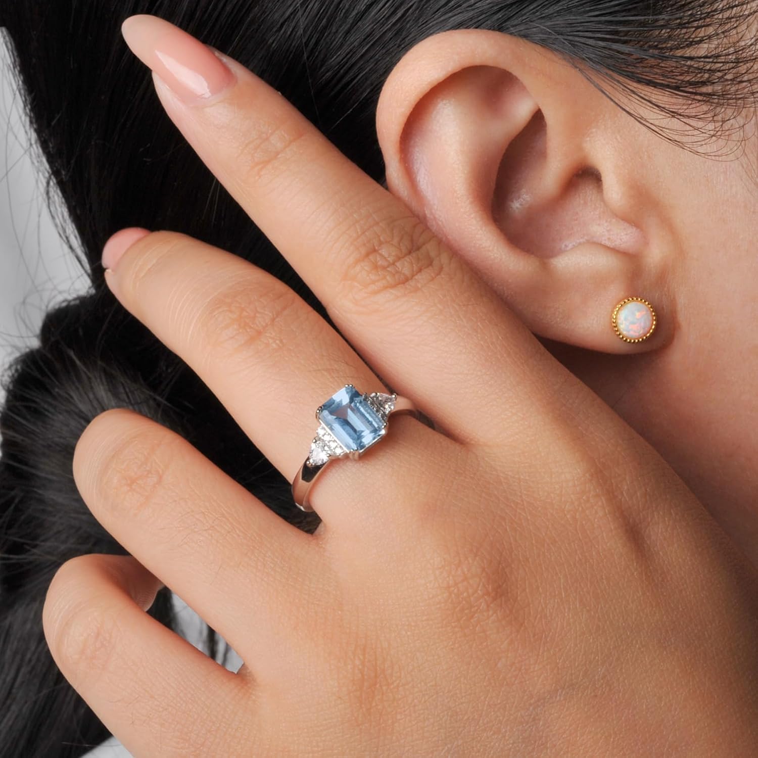 Emerald Cut 3 Stones Ring for Women with Natural Sky Blue Topaz in 925 Sterling Silver, Blue Birthstone 14k White Gold Plated Promise Engagement Ring for Her, Anniversary Birthday Jewelry Set - Image 6