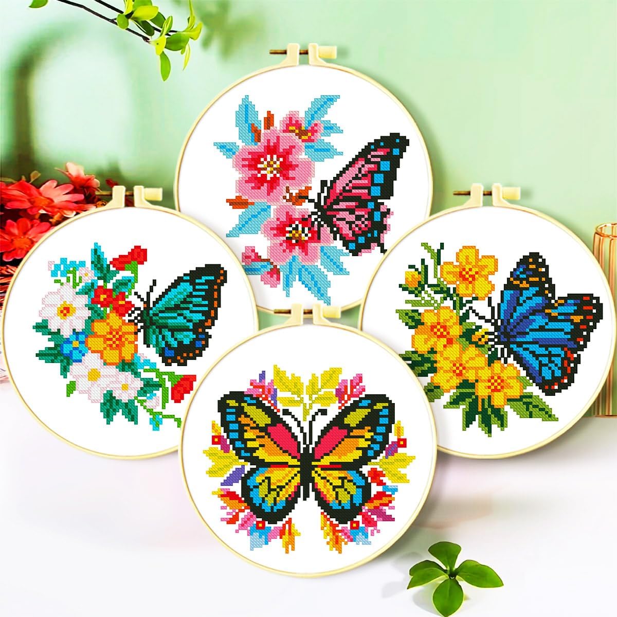 Zhenqing 4-Pack Butterfly Cross Stitch Kits – 11CT 24x24cm Aida Cloth with Blue, Pink & Floral Designs – Vibrant Home Wall Art Decor Set（68121）