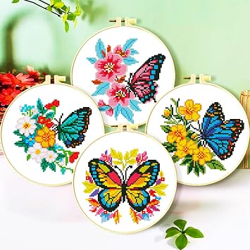 Zhenqing 4-Pack Butterfly Cross Stitch Kits 11CT 24x24cm Aida Cloth with Blue, Pink & Floral Designs Vibrant Home Wall Art Decor Set68121