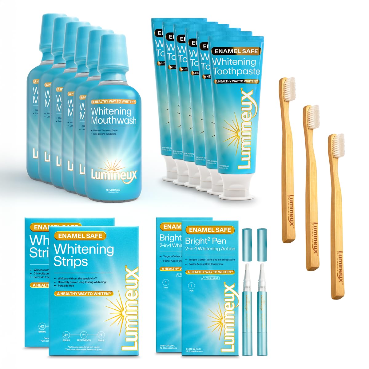 Lumineux Longevity Whitening Kit Bundle - Contains 6X Toothpastes 6X Mouthwashes 2X Strips and 2X Whitening Pens -