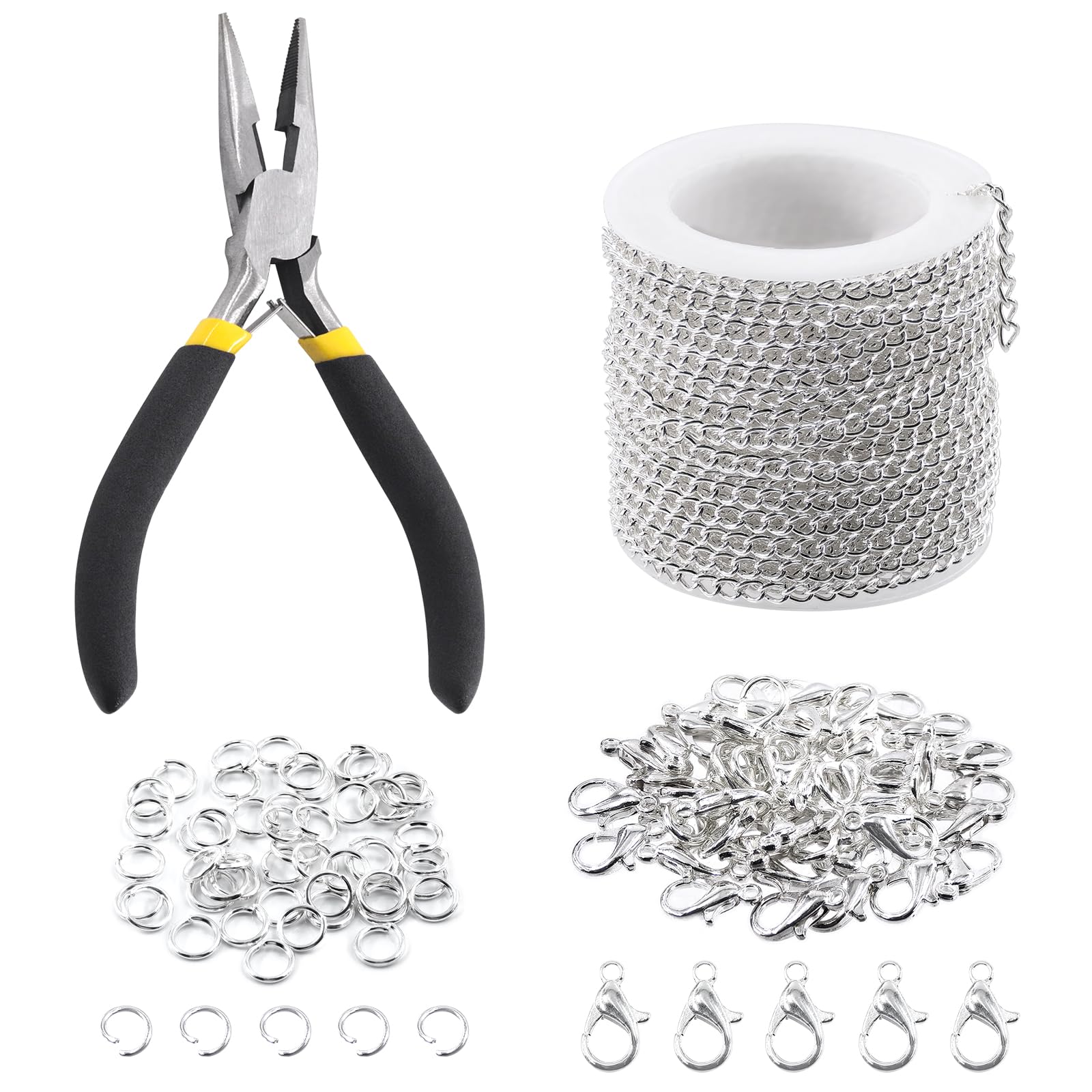 Keadic 102Pcs 30 Feet Jewelry Making Chains Kit W 3mm Metal Necklace Twisted Links Chain, Lobster Clasps, Open Jump Rings and Jewelry Pliers for Bracelet Earring Anklet DIY (Silver)