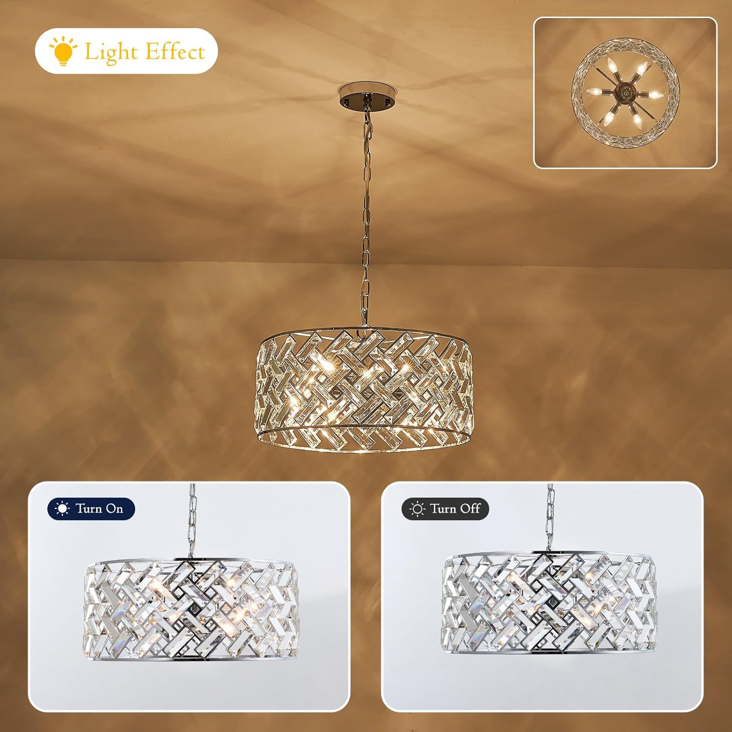 Chrome Crystal Chandelier, 18" Modern Drum Ceiling Light Fixture, 6-Light Semi Flush Mount Pendant with K9 Crystals, Round Hanging Lighting for Dining Room, Living Room, Bedroom, Kitchen, Hallway