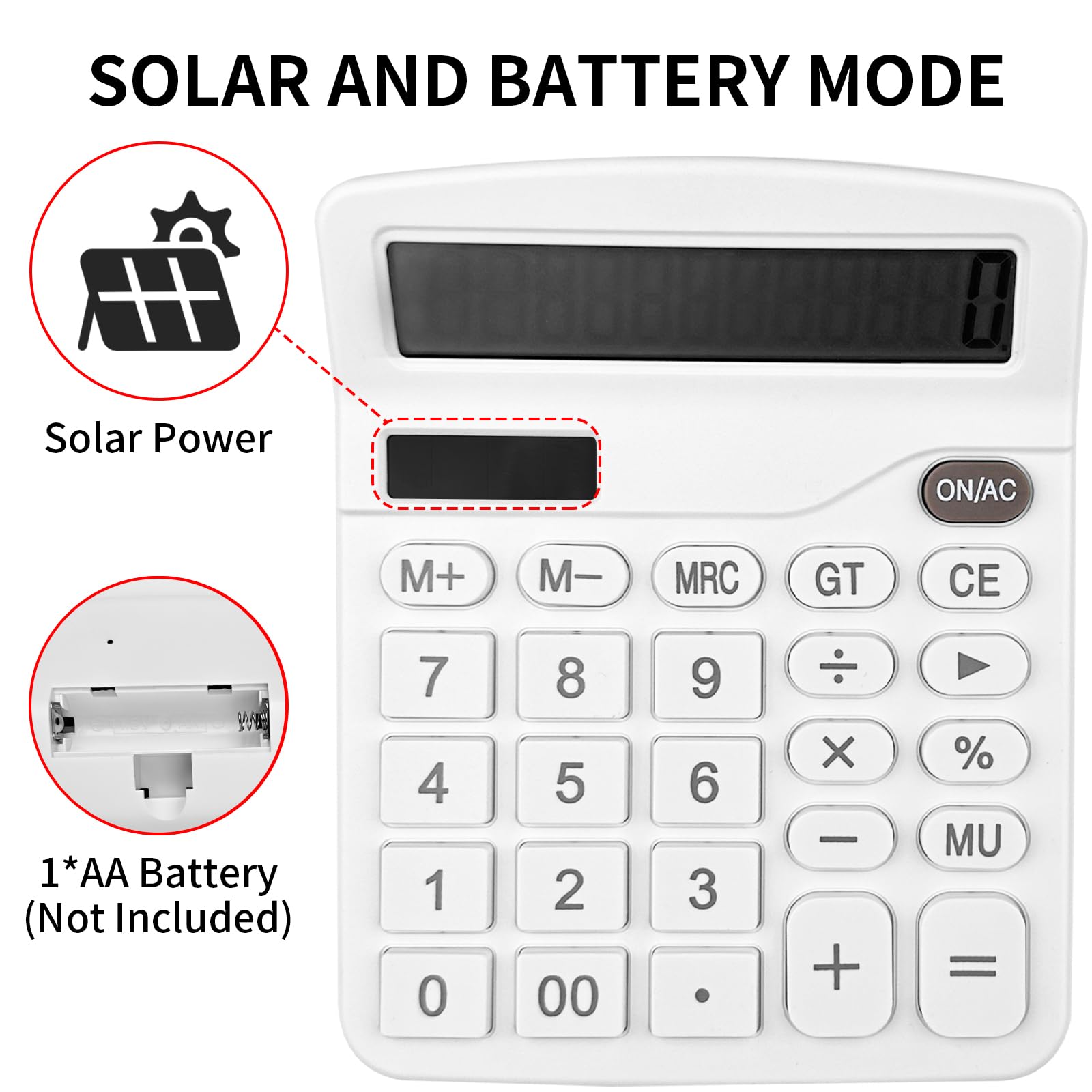 Gvolatee Calculadora Financiera con Pantalla LCD Grande de 12 Dígitos, Botones Grandes, Función Estándar Basica para Oficina, Hogar y Escuela, Blanco