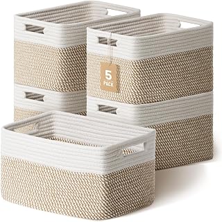 YILOBI 5 Pack Cotton Rope Woven Storage Baskets for Shelves - Khaki & White Organizer Bins for Toys, Clothes, Books, Nursery, Bathroom