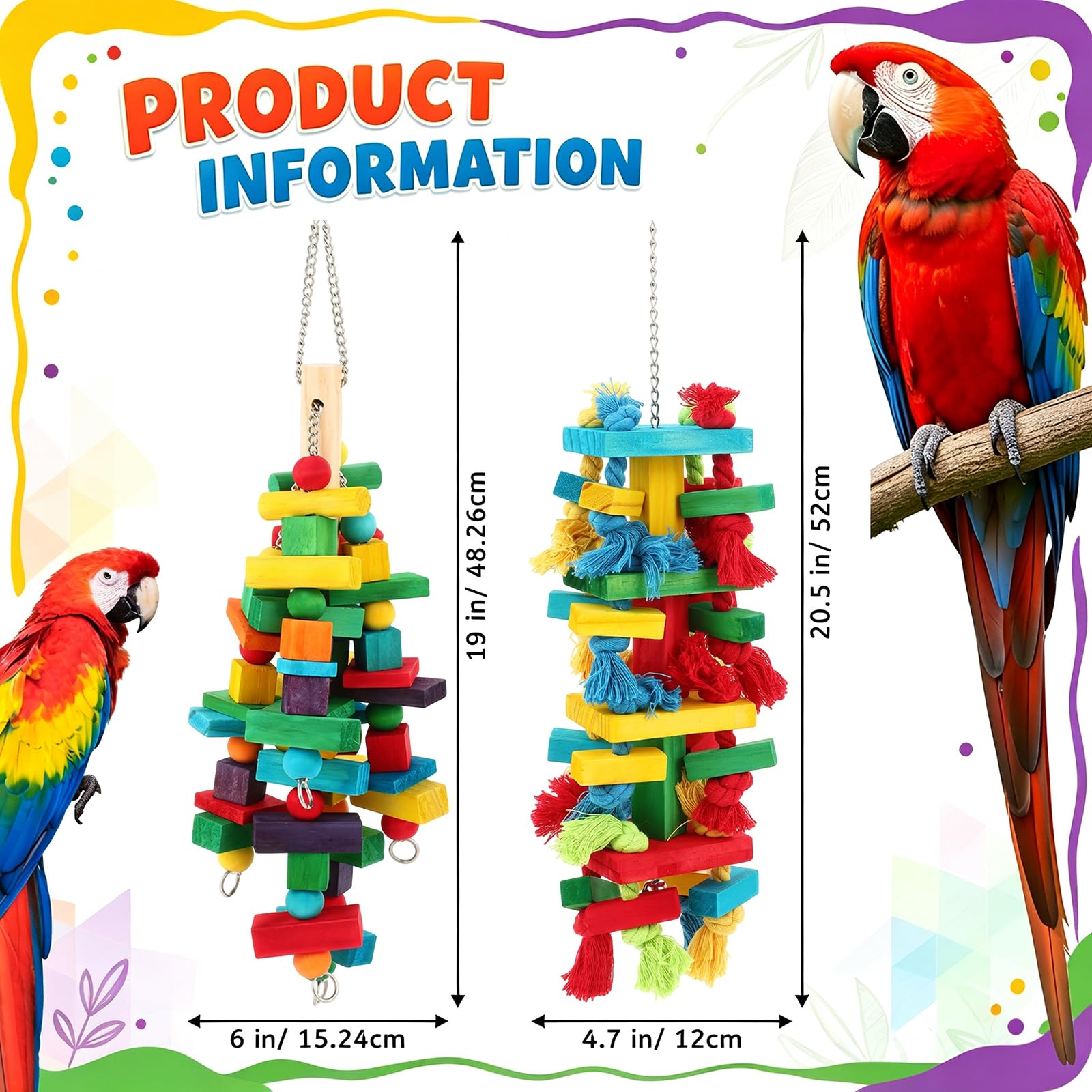 Sosation 2 Stück Vogelspielzeug für Papageien, große Regenbogen-Holzblöcke