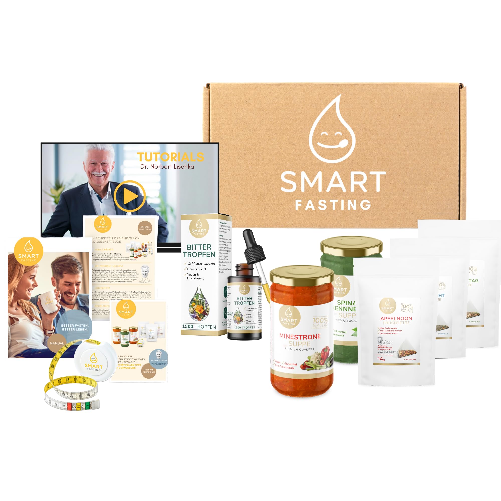 1-Tages-Detox-Box – vegane Fasten- & Suppenkur für Zuhause mit Suppen, Tee & Bittertropfen – sanfte Entlastungskur ohne Hungern – inkl. Anleitung & Maßband – Smart Fasting nach Dr. Lischka