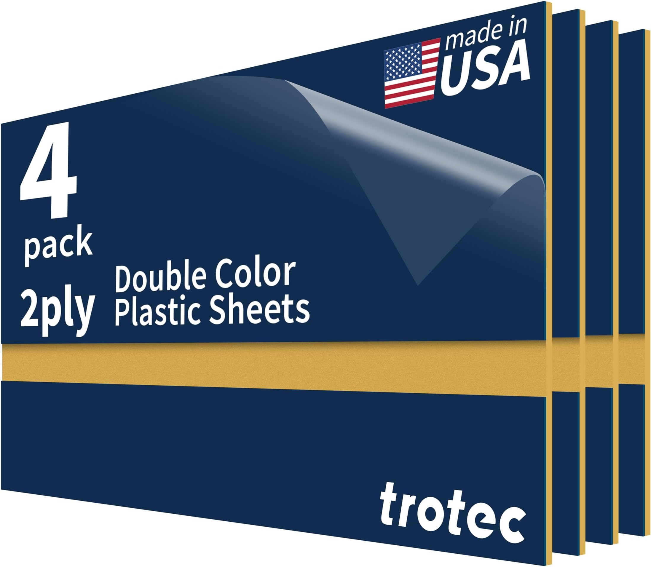 Trotec TroLase | 12"x24"x1/16", 4 Pcs | Navy Blue/Gold | 2 Ply | Modified Acrylic | Laser Engraving Double Color Plastic Sheet | Engraving Blanks for Laser, Saw, Guillotine | Made in USA