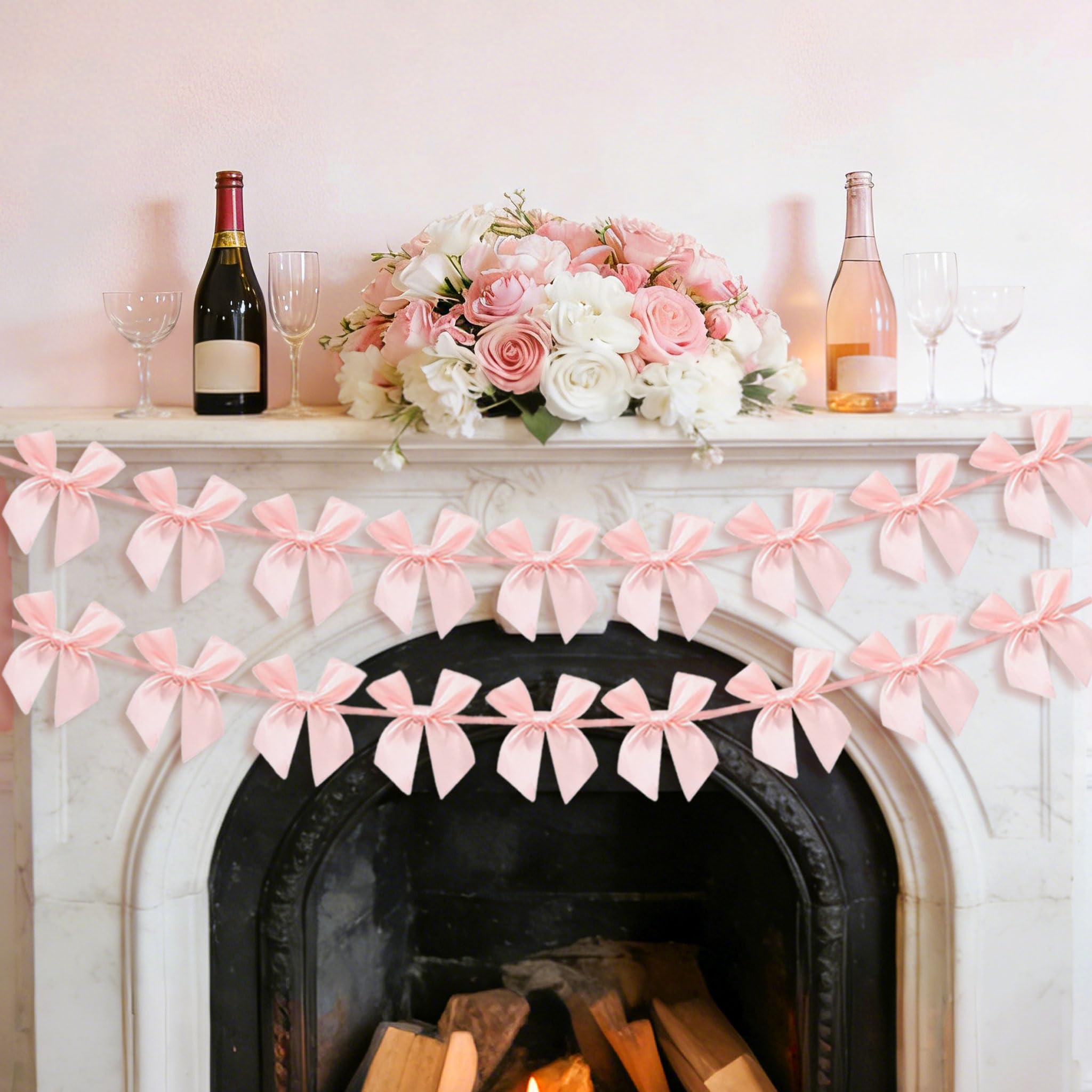 2 PCS Baby Pink Bow Garland Banner Ribbon Party Decorations for Birthday Bridal Shower Wedding Engagement Baby Shower Supplies