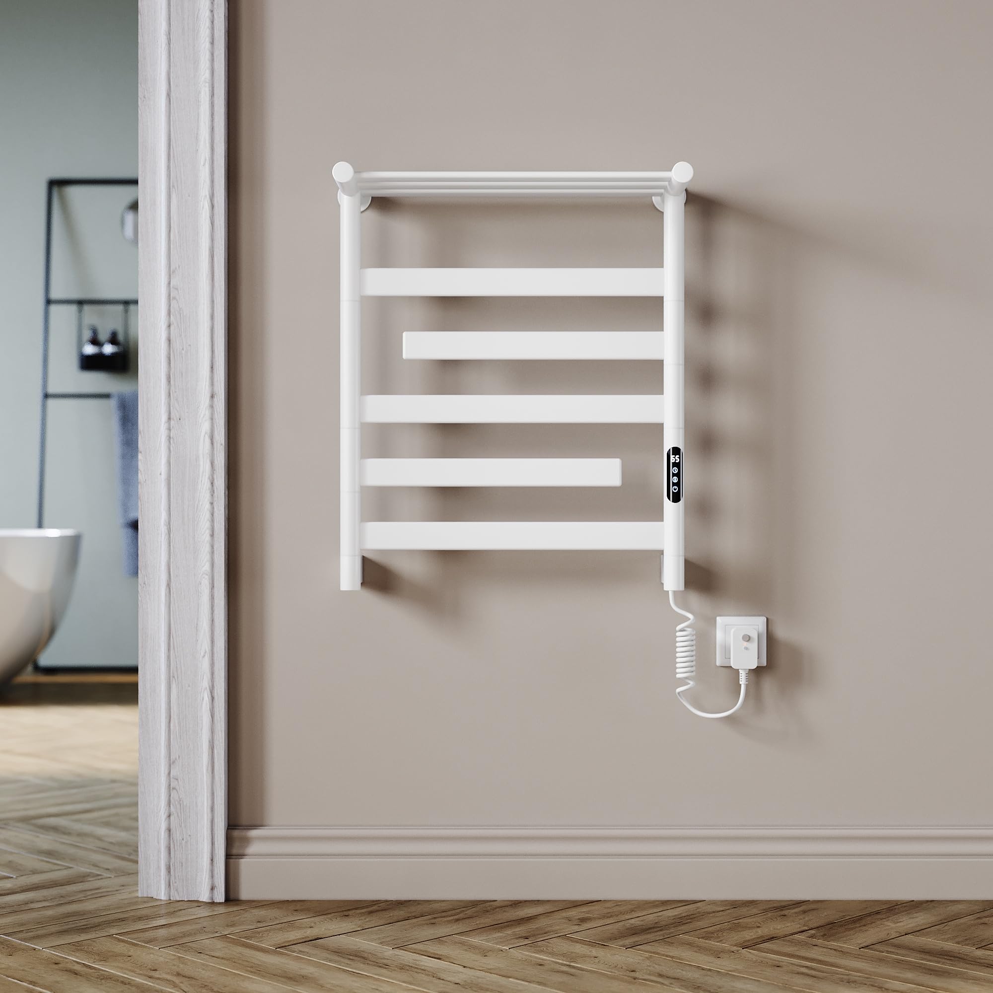 Handtuchheizkörper Elektrisch 66 x 55cm, 180° Drehung Handtuchwärmer Elektrisch mit Heiz-Ablage, WiFi Smart Thermostat für Alexa und Google Home, 30-70°C, 140W, Weiß, IPX4, Fehlerstromschutz