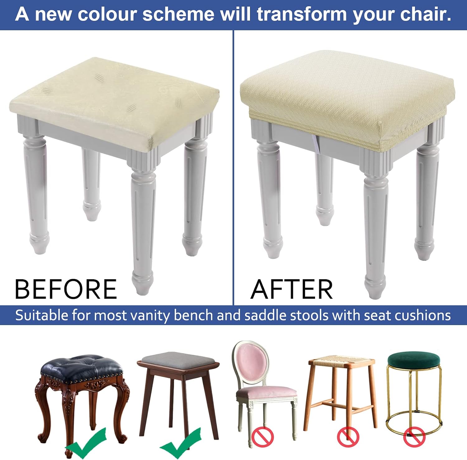 BUYUE Luxury Vanity Bench Stool Cover, (15"- 20") L x (11.8"- 15.7") W Rectangle Small Bench Stretch Jacquard Washable Slipcover (XS, Beige) image 4