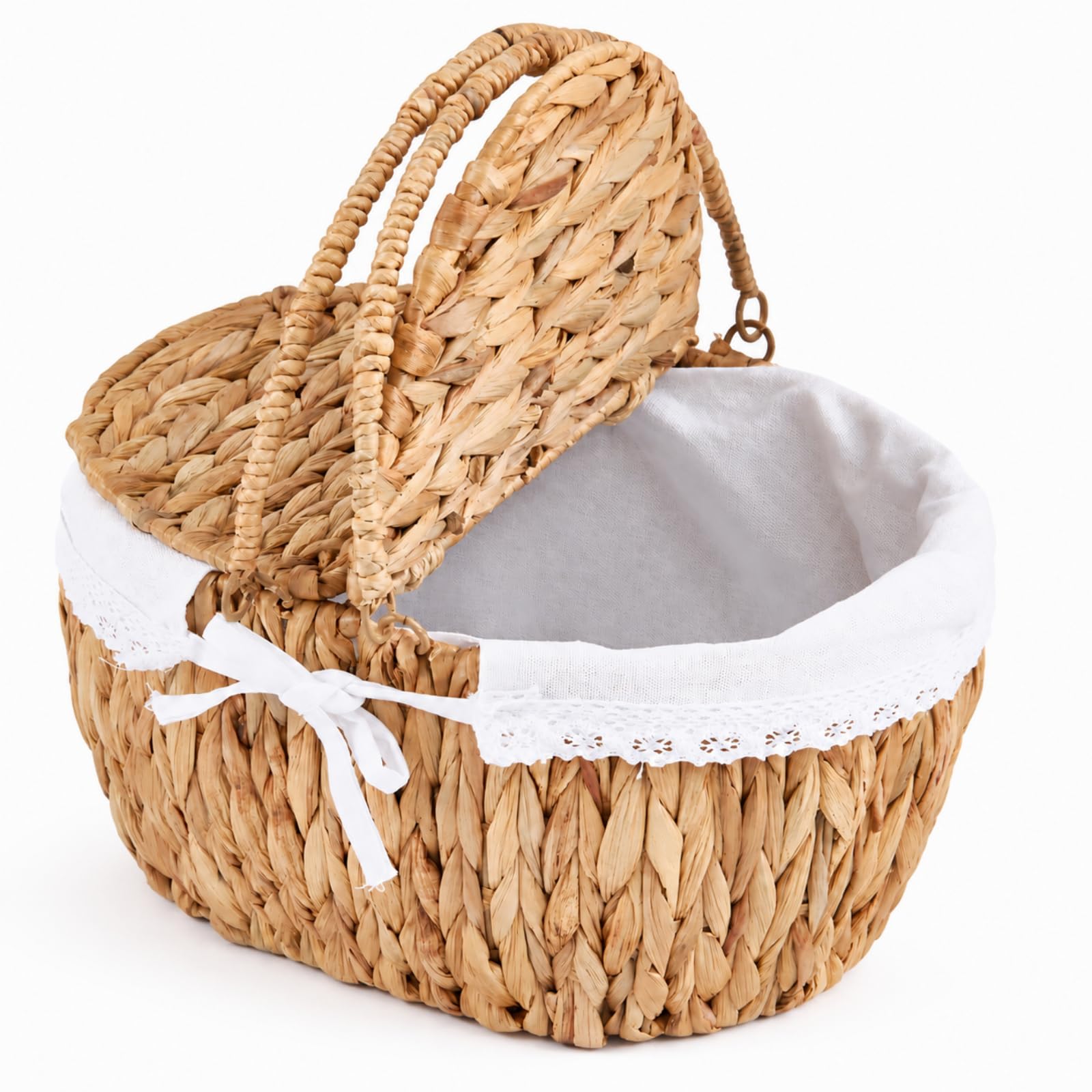 Water Hyacinth Medium Picnic Basket with Lid, Removable Liner &amp; Handles