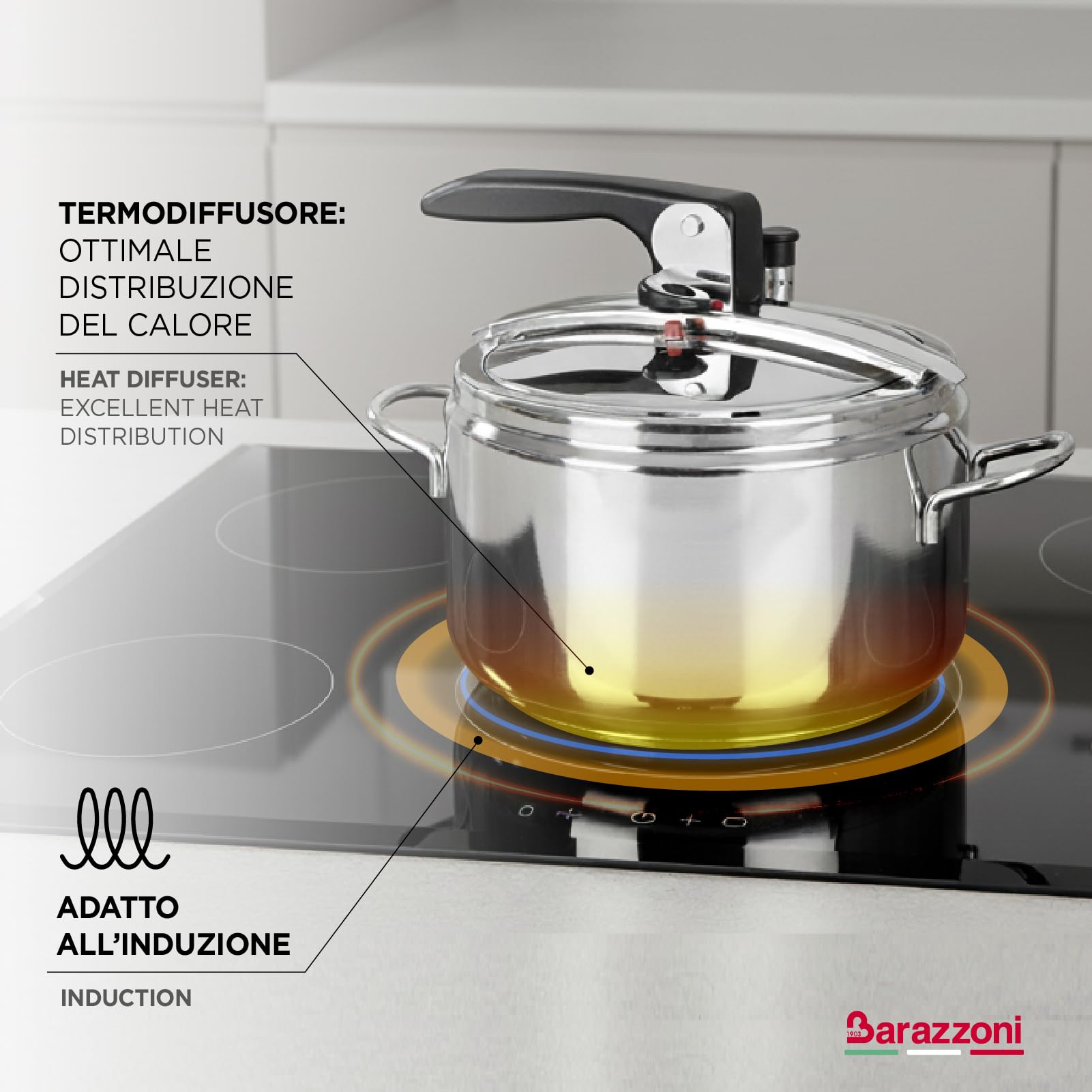 Pentola a pressione ø 22 cm - 5lt, Acciaio Inox 18/10, Con bloccaleva, Adatta a tutti i piani cottura induzione compresa, Made in Italy, Linea Basic