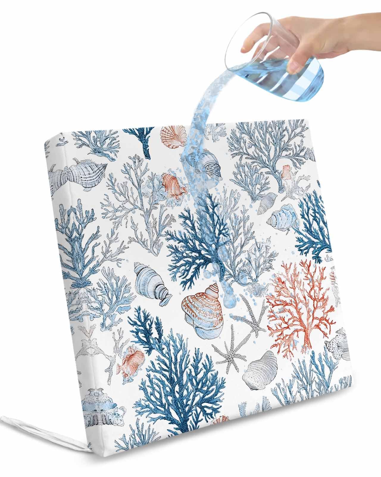 2 Pack Red Blue Coral Waterproof Cushion Covers with Ties, Outdoor Patio Chaise Lounge Chair Seat Cushion Slip Covers Replacement(Only Cover) Summer Ocean Coastal Starfish Shells 22