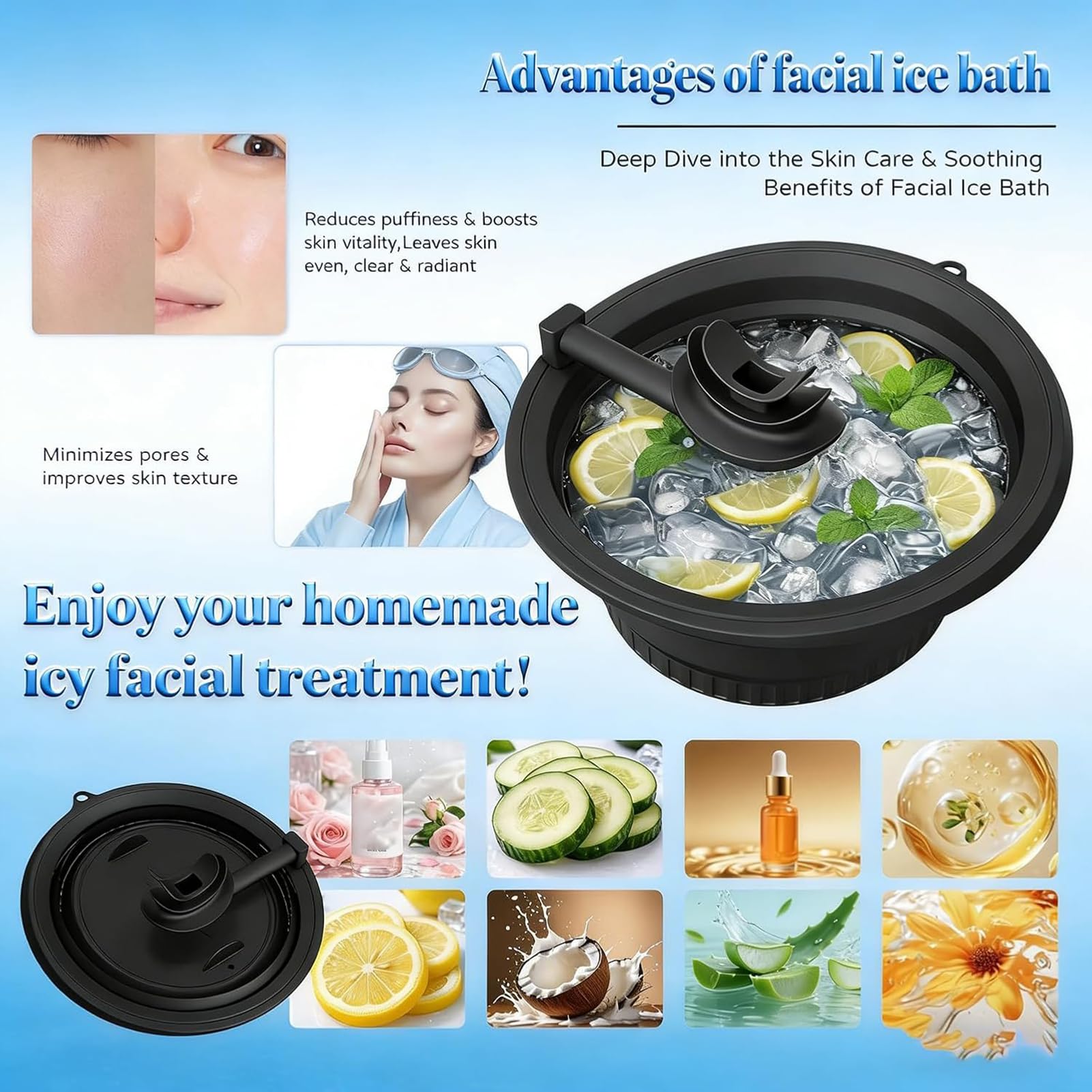 2026 Upgraded Face Bowl for Ice, 2-in-1 Gesichtsschale für Eis mit Eiswürfelbehälter & Schnorchel, Faltbare Gesichtsschale aus Silikon für Eisbäder, Eis-Gesichtswanne für Haus, Reisen (Schwarz)