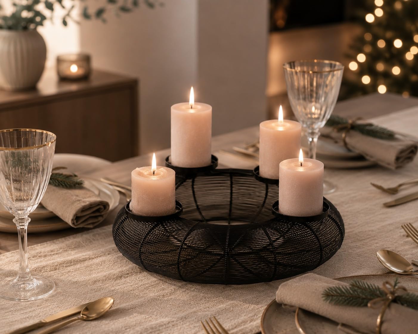 Edler Advents-Kranz Weihnachts-Gesteck aus Metall Ø 38cm schwarz Deko-Kranz Kerzenhalter Weihnacht Stumpen-Kerzenhalter Weihnachten Advent Winter Weihnachts-Deko Wohungs-Dekoration
