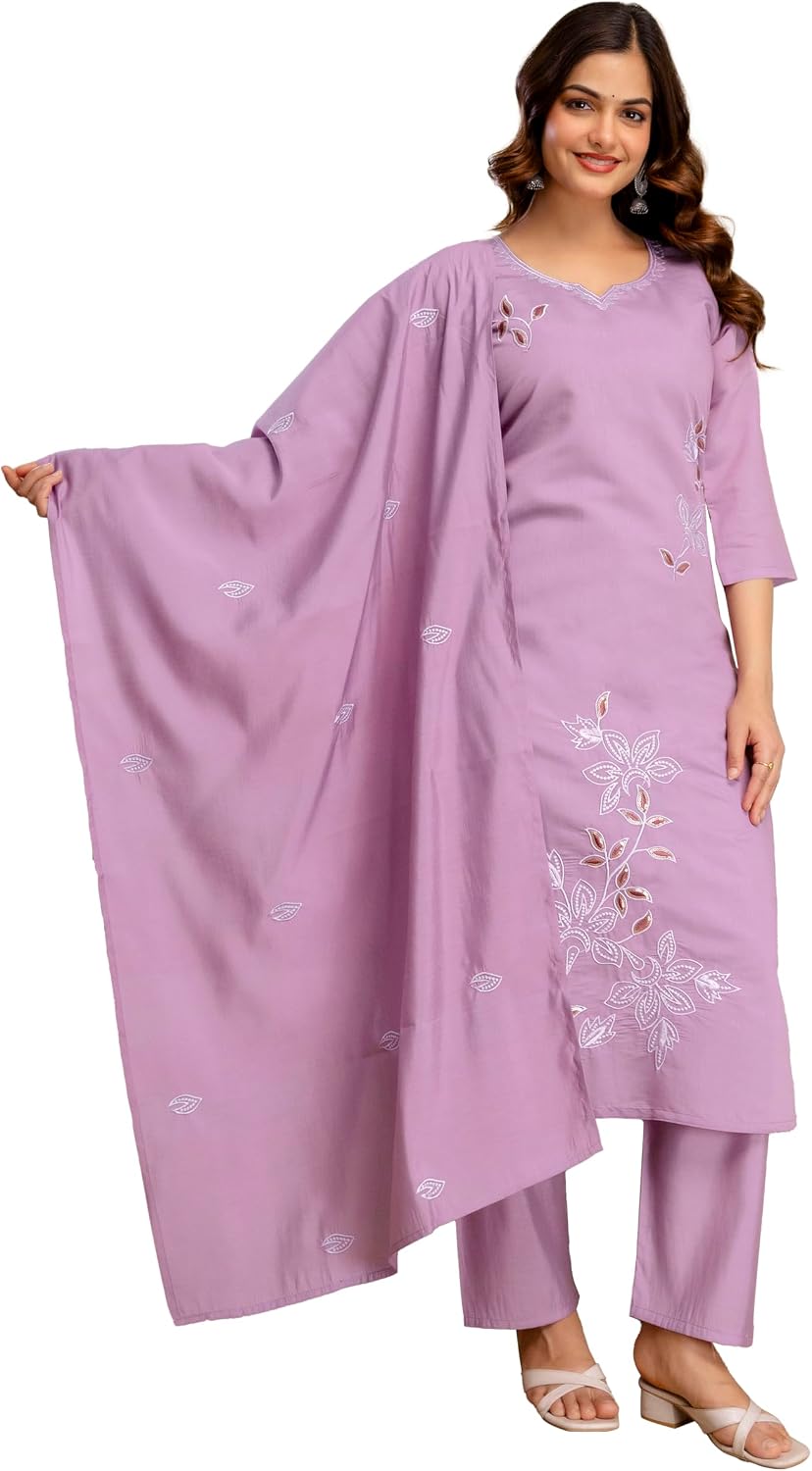 TRENDMALLS Women’s Chanderi Cotton Embroidery Sequence Work Summer Kurta Pant with Dupatta Set
